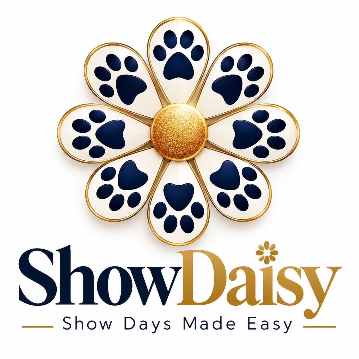 ShowDaisy — Show Days Made Easy. Gold and navy daisy with paw-print petals.